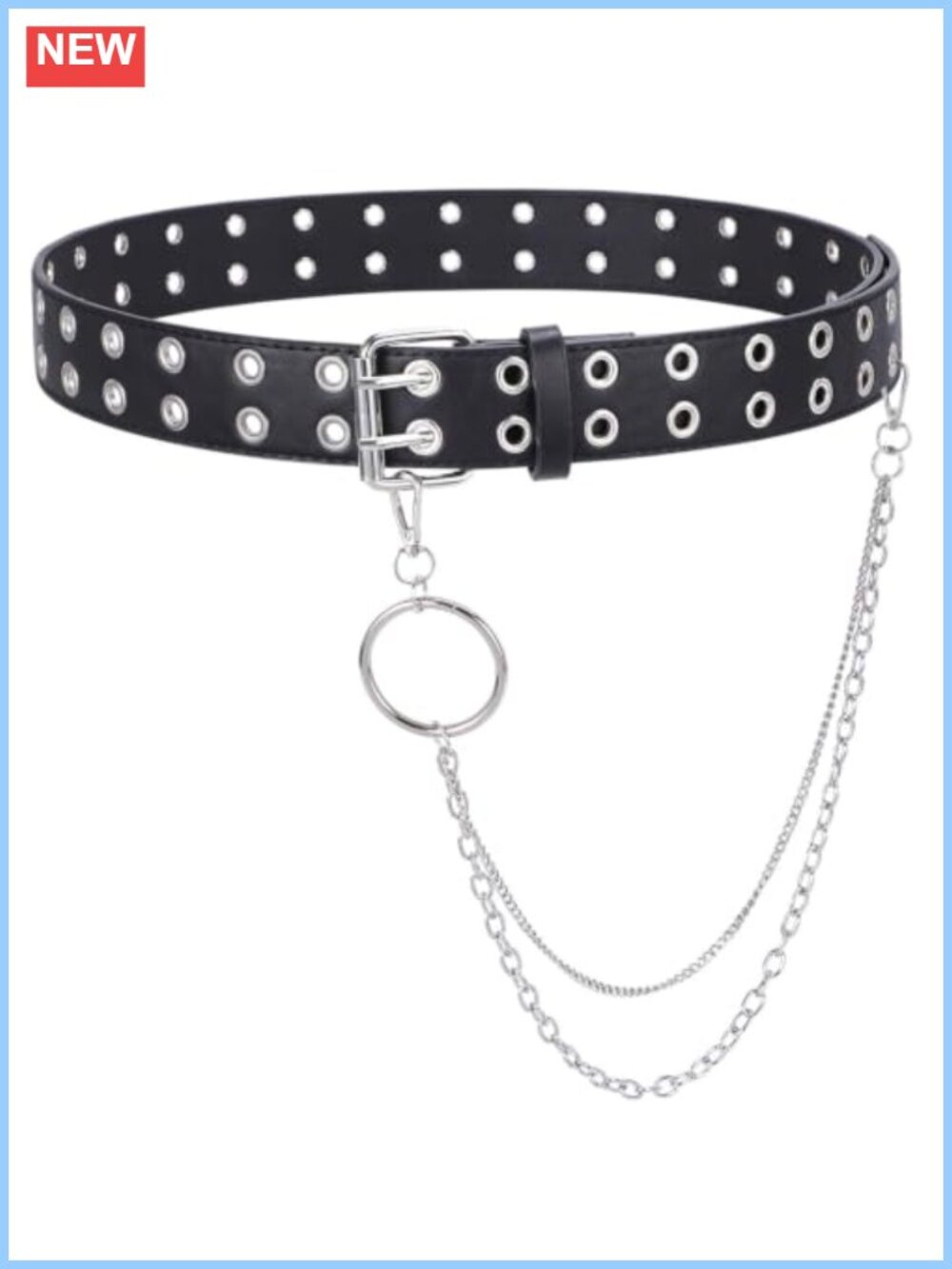 Double Grommet PU Leather Belt with Chain Double Prong Buckle Punk Rock